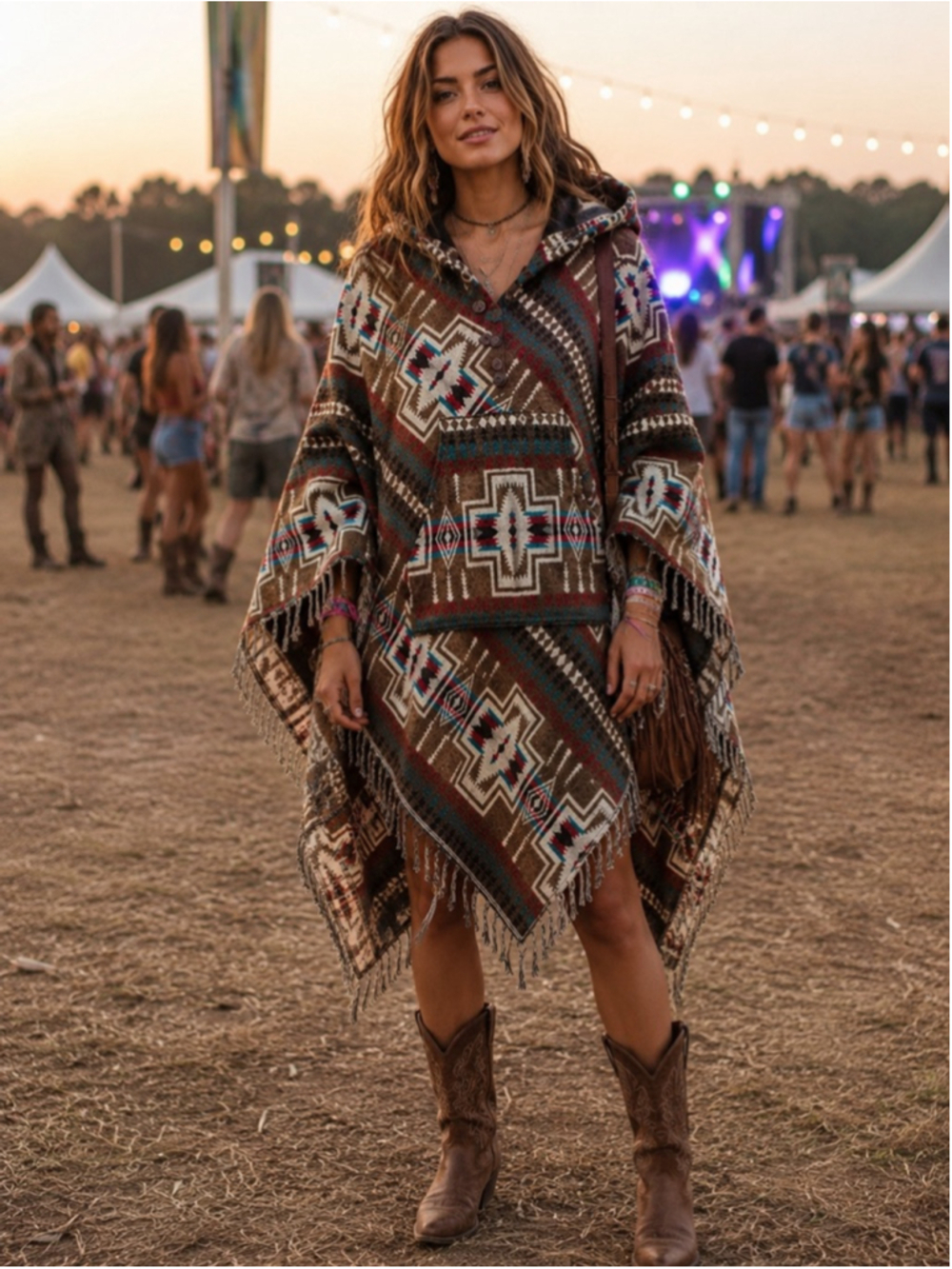 Aztec Boho Hooded Poncho Fringe Blanket Cape Festival Cozy Womens OS Ark Imports
